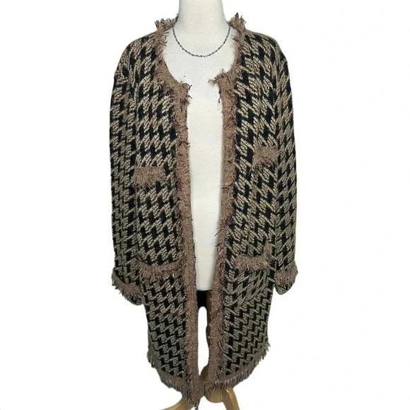 Davi + Dani 2X trendy black tan gold long fringe trim long sweater coat - Picture 2 of 11